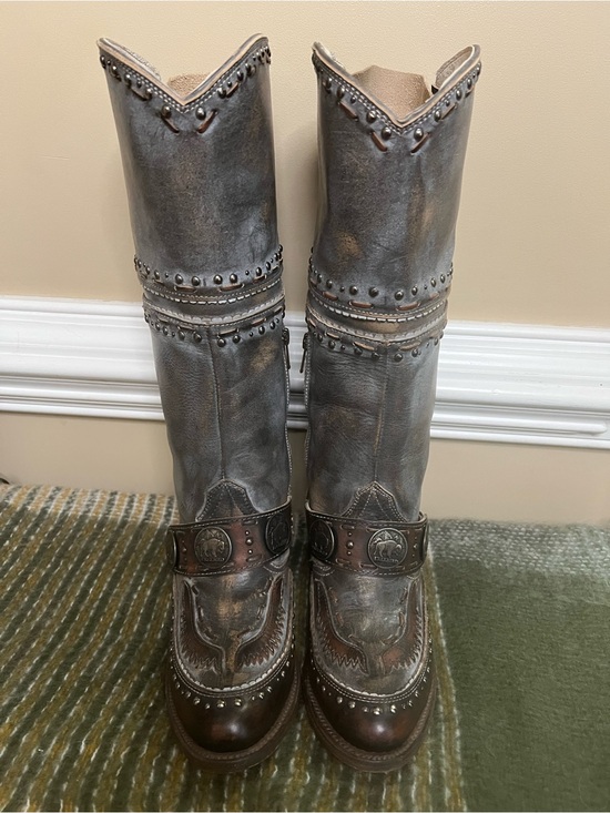 Freebird by Steven Shoes - Freebird by Steven Gynger Ice Gray and Brown Studded Leather Heeled Boots